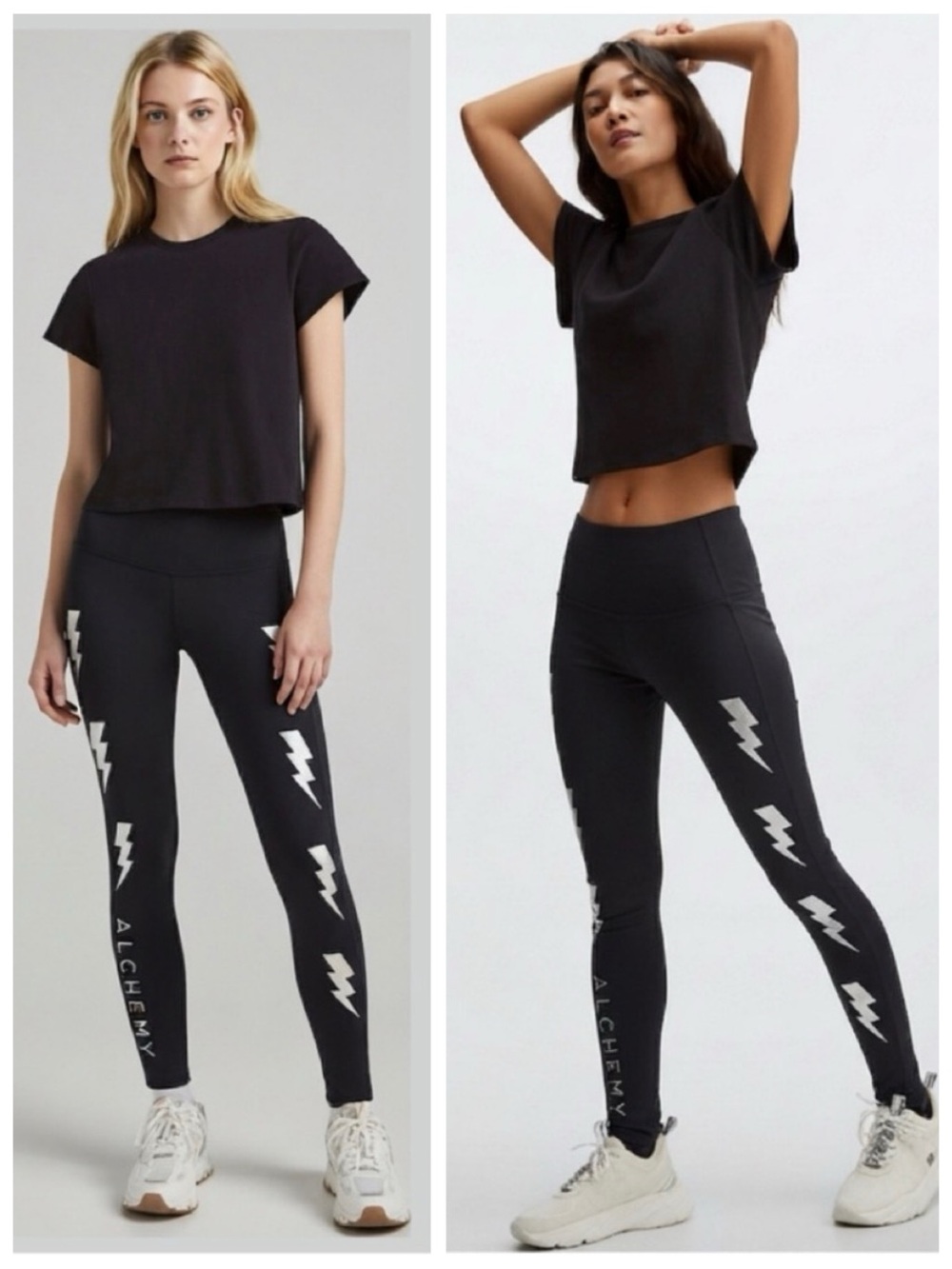 ALCHEMY Black Active 365 Leggings, Silver Metallic Lighting Bolt Contrast sz. XS